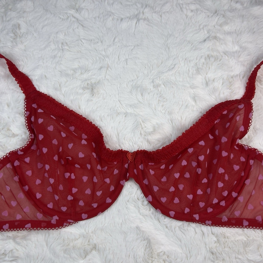 Victoria's Secret Tease Hearts Mesh Unlined Demi Bra Red White Hearts 36DD NWT - Picture 2 of 5